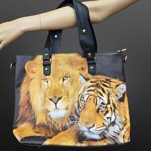 Y2K Lion Tiger Photo Print Shoulder Bag Black Faux Leather Trashy 2000s Mcbling